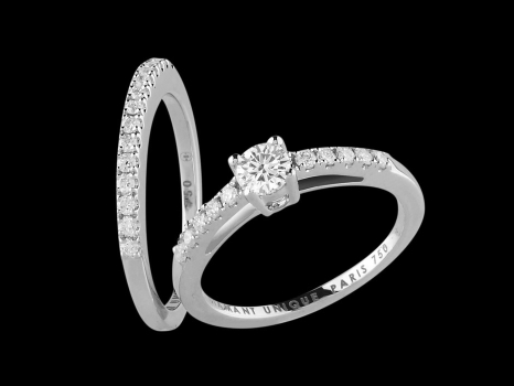 Solitaire et Alliance Harmonie - Or blanc 18 carats, diamant central 0,20 carat et pavage diamants 0,25 carat