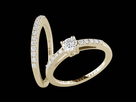 Solitaire et Alliance Harmonie - Or jaune 18 carats, diamant central 0,20 carat et pavage diamants 0,25 carat