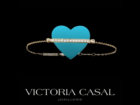 Bracelet Etiquette Coeur - Or jaune 18 carats, diamants 0.10 carat et turquoise